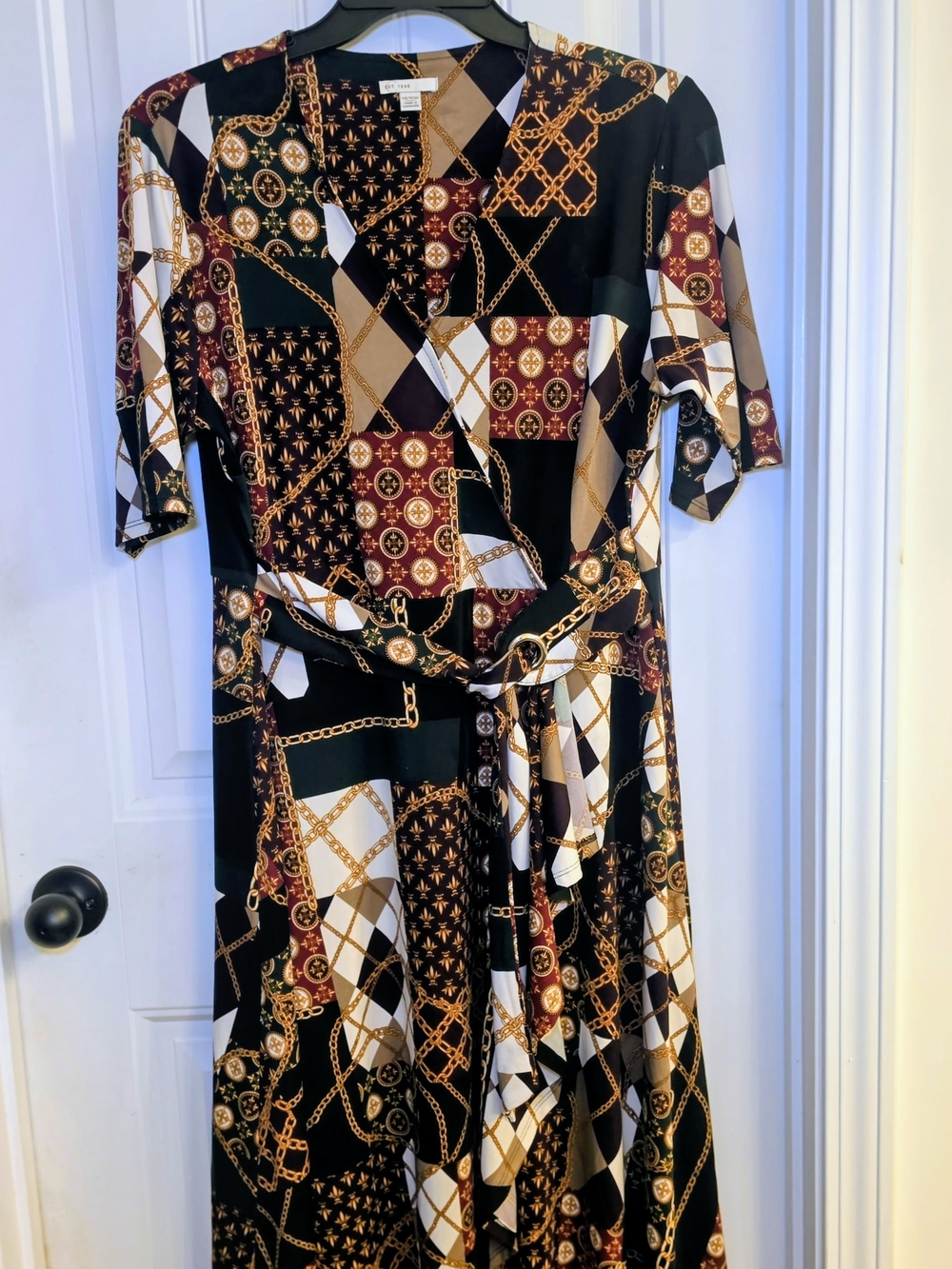 Black Multi-Print Belted Midi Dress